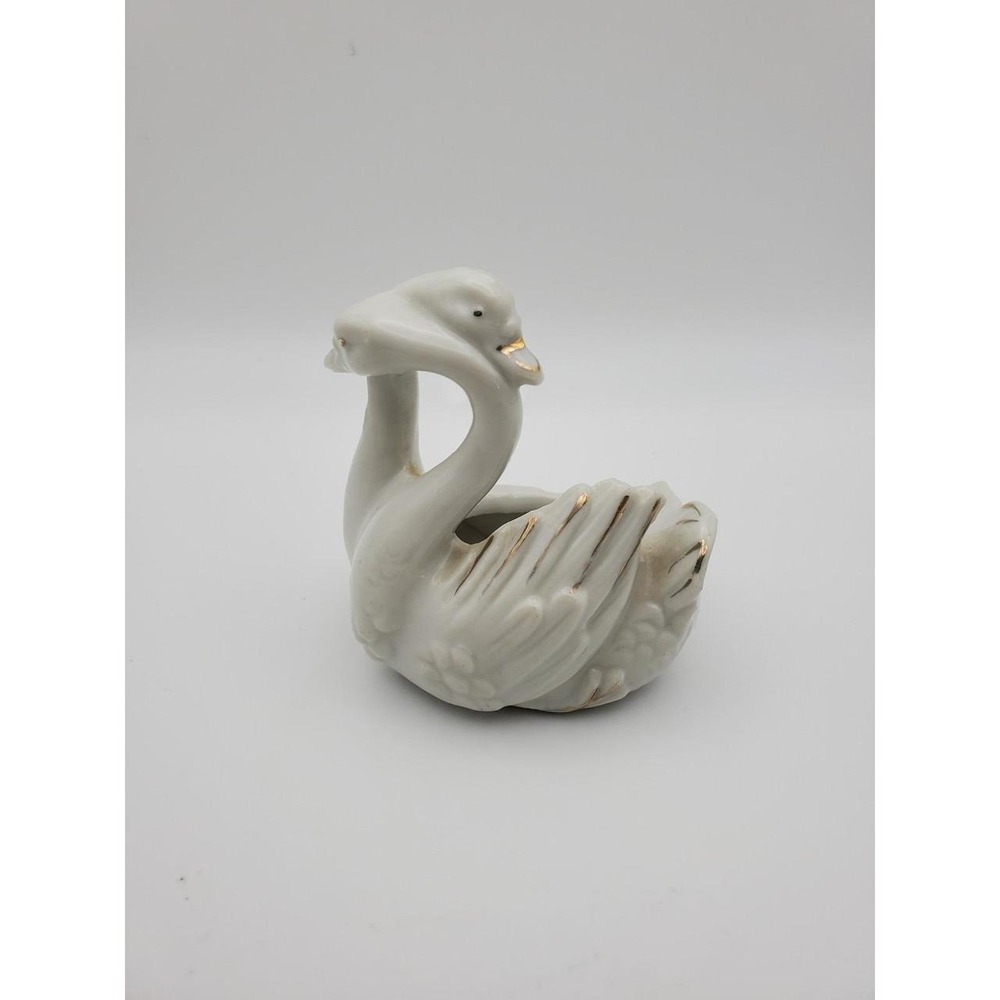 Vintage Japan Porcelain Double Swan Figurine White Gold Gilt Trinket Dish